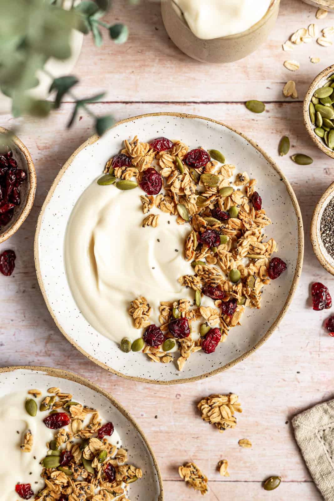 A bowl of vegan yogurt topped with oil free granola.