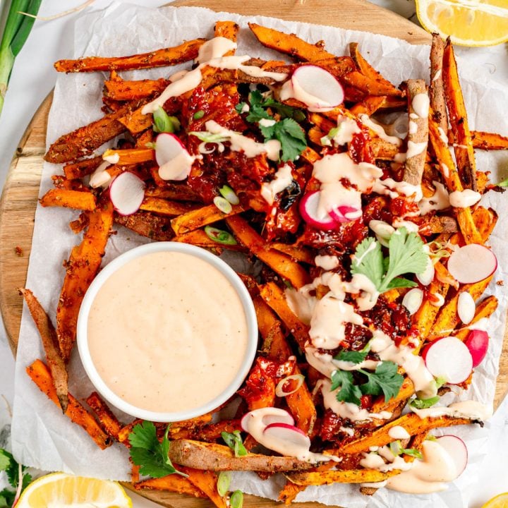 A tray of kimchi sweet potato fries.