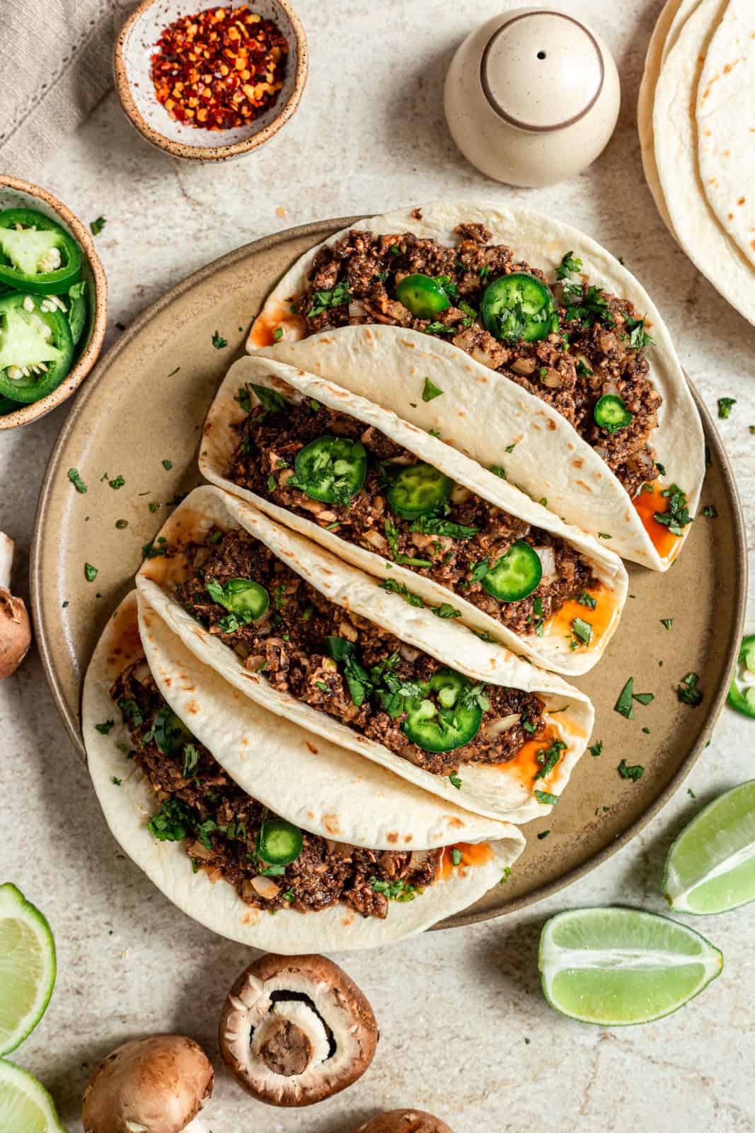 A plate of vegan mushroom tacos.