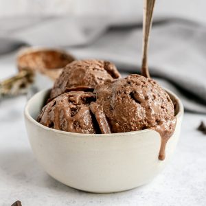 A bowl of no churn vegan chocolate ice cream.