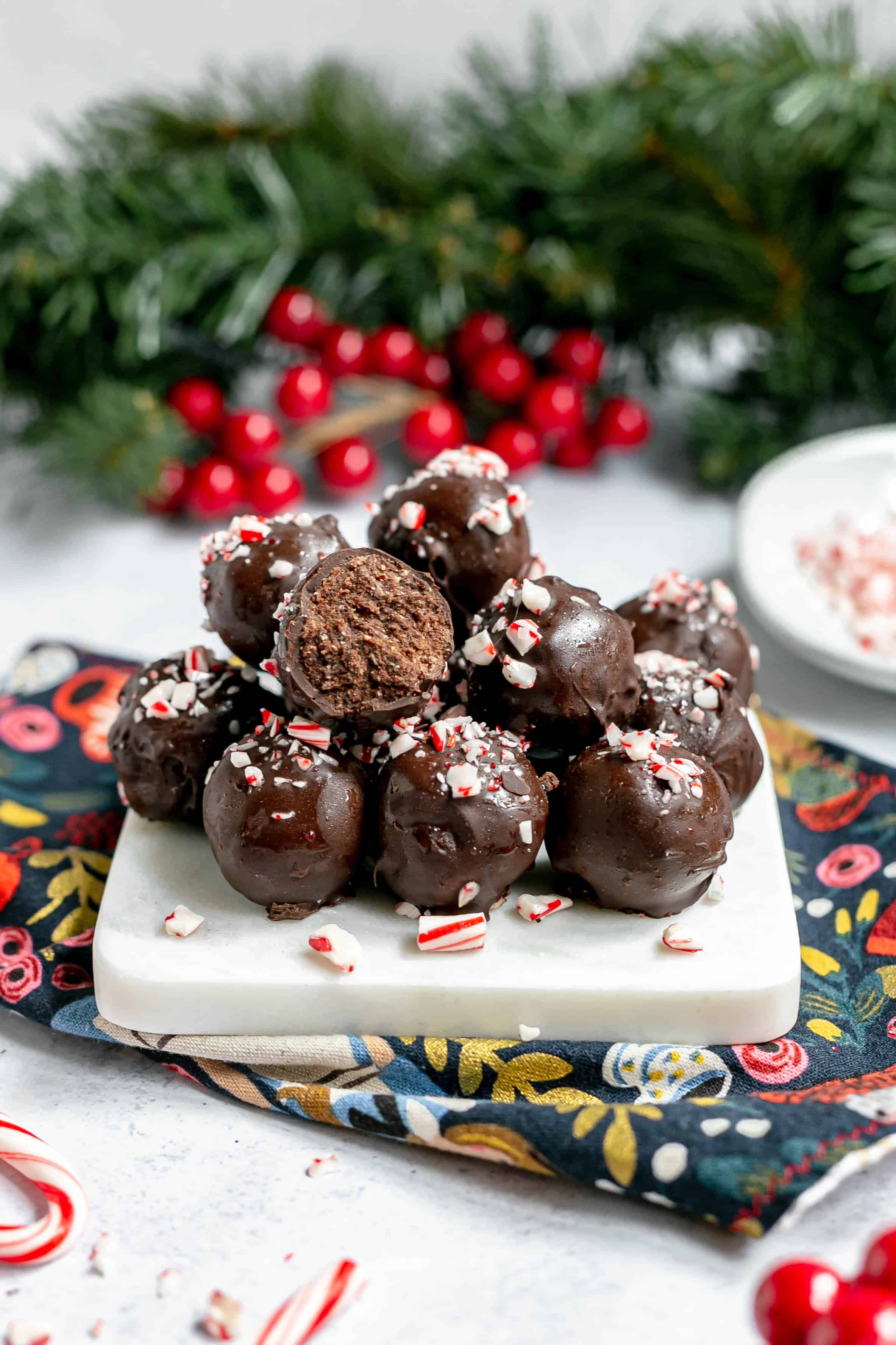 A stack of peppermint chocolate truffles.
