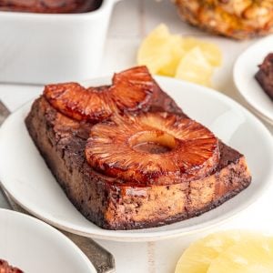 A serving of pineapple tofu on a plate.