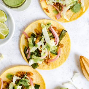 Poblano tostadas, assembled and ready to eat.