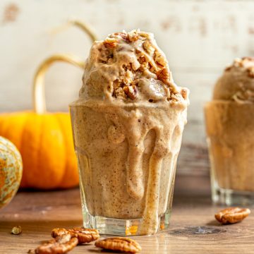 A glass full of pumpkin pecan ice cream.