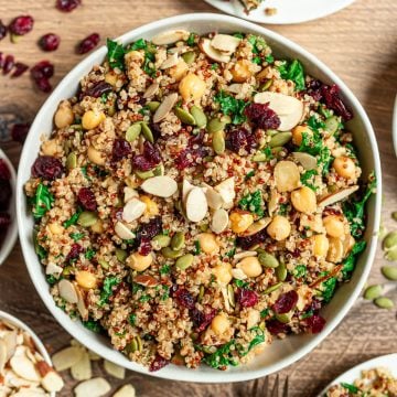 A bowl of quinoa chickpea cranberry salad.