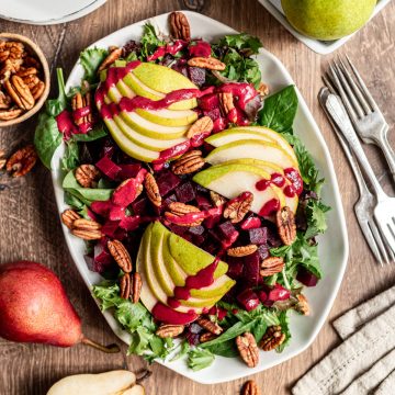 A platter of roasted beet pear salad.