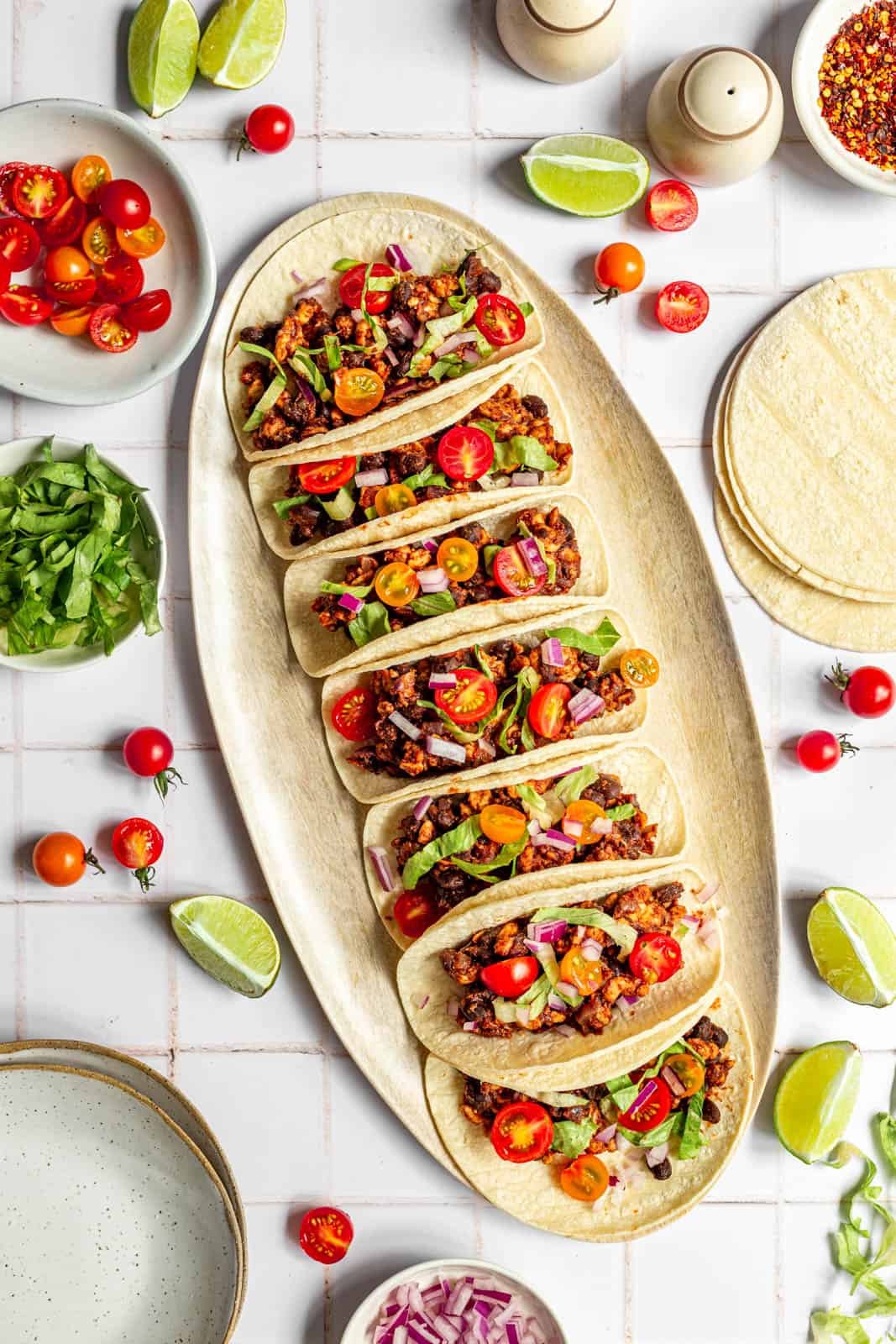 A large platter of tempeh tacos.