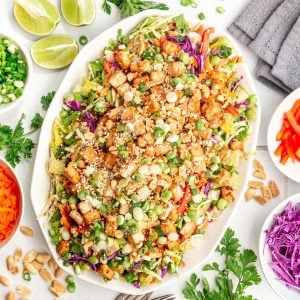 A platter of Thai peanut salad with tofu, drizzled with creamy peanut dressing.