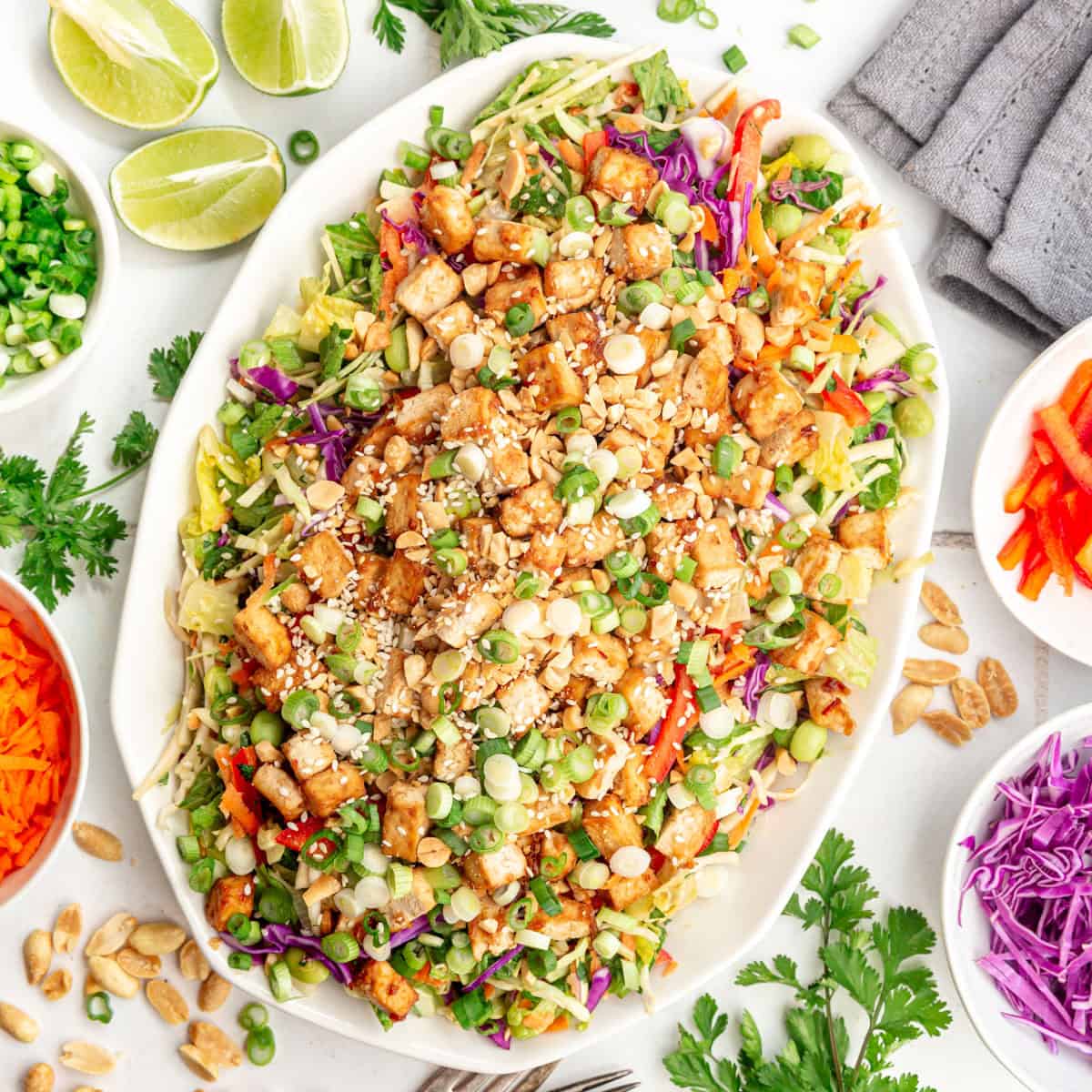 A platter of Thai peanut salad with tofu, drizzled with creamy peanut dressing.
