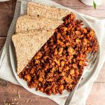 Tofu breakfast sausage crumbles served with toast.
