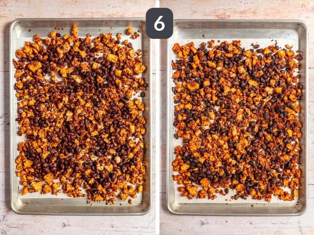 Tofu crumble and black bean tacos step 6 - add the beans and bake again.