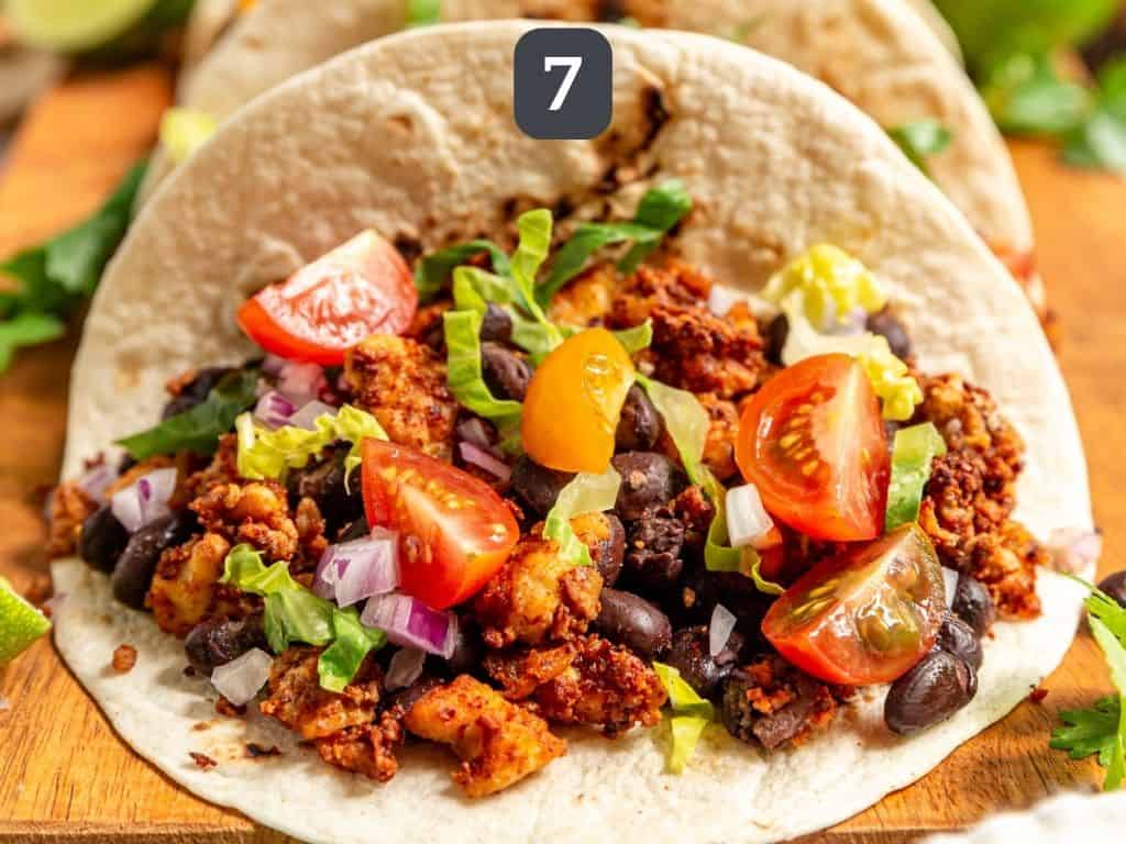 Tofu crumble and black bean tacos step 7 - serve with your favorite toppings.