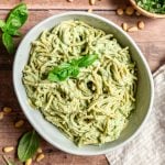Tofu pesto tossed with spaghetti.