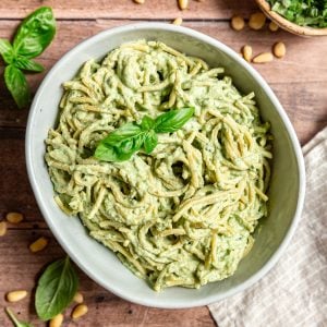 Tofu pesto tossed with spaghetti.