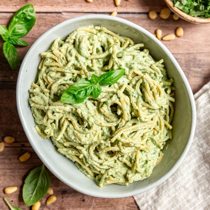 Tofu pesto tossed with spaghetti.