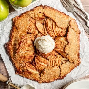 Vegan Apple Galette served with a scoop of ice cream.