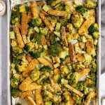 A sheet pan of broccoli and tempeh.