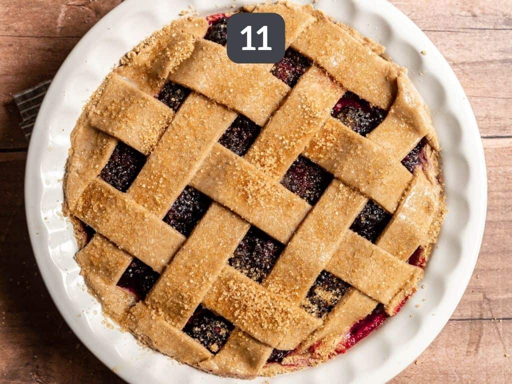 Vegan Blackberry Pie Step 11 - brush on the egg wash and sprinkle with sugar.