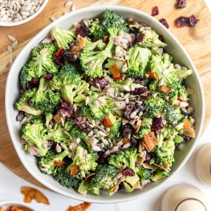 Vegan broccoli salad in a serving bowl.