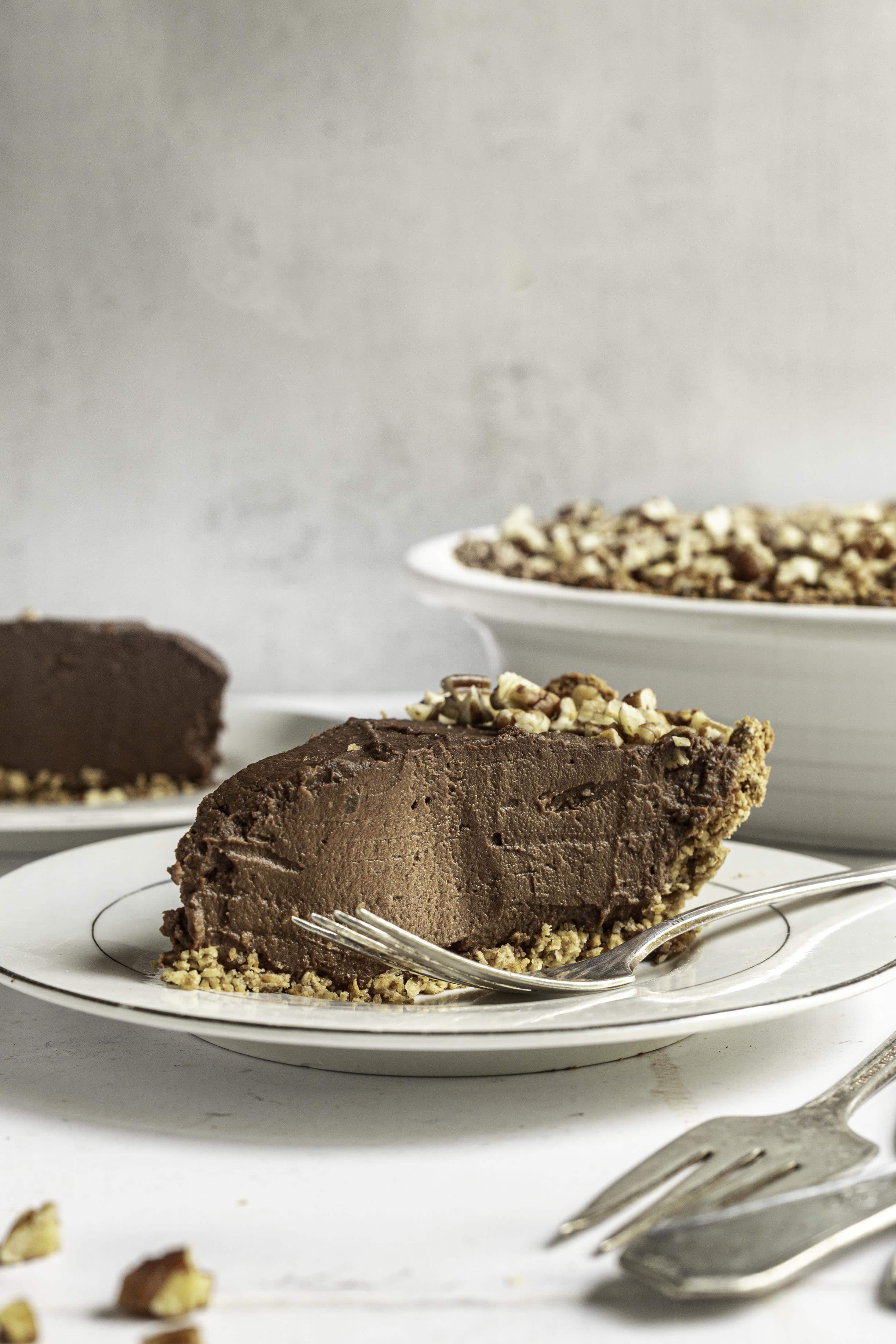 A slice of vegan chocolate pie.