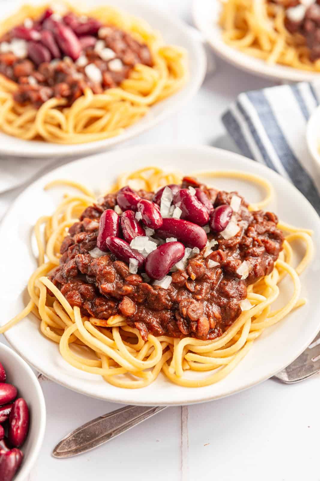 A plate of vegan Cincinnati chili.