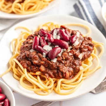 A plate of vegan Cincinnati chili.