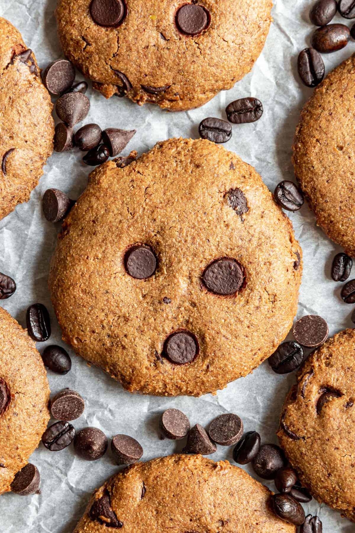 Coffee cookies on a sheet of parchment paper.