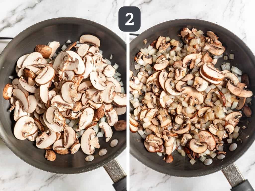 Vegan Crustless Quiche Step 2 - sauté the onion and mushrooms.