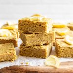 A stack of vegan lemon brownies.