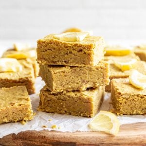 A stack of vegan lemon brownies.