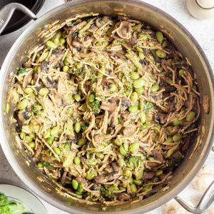 Vegan one pot pasta in the pot it was cooked in, ready to serve.