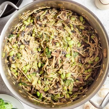 Vegan one pot pasta in the pot it was cooked in, ready to serve.