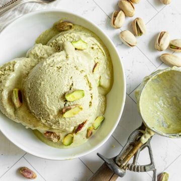 A bowl of vegan pistachio ice cream.