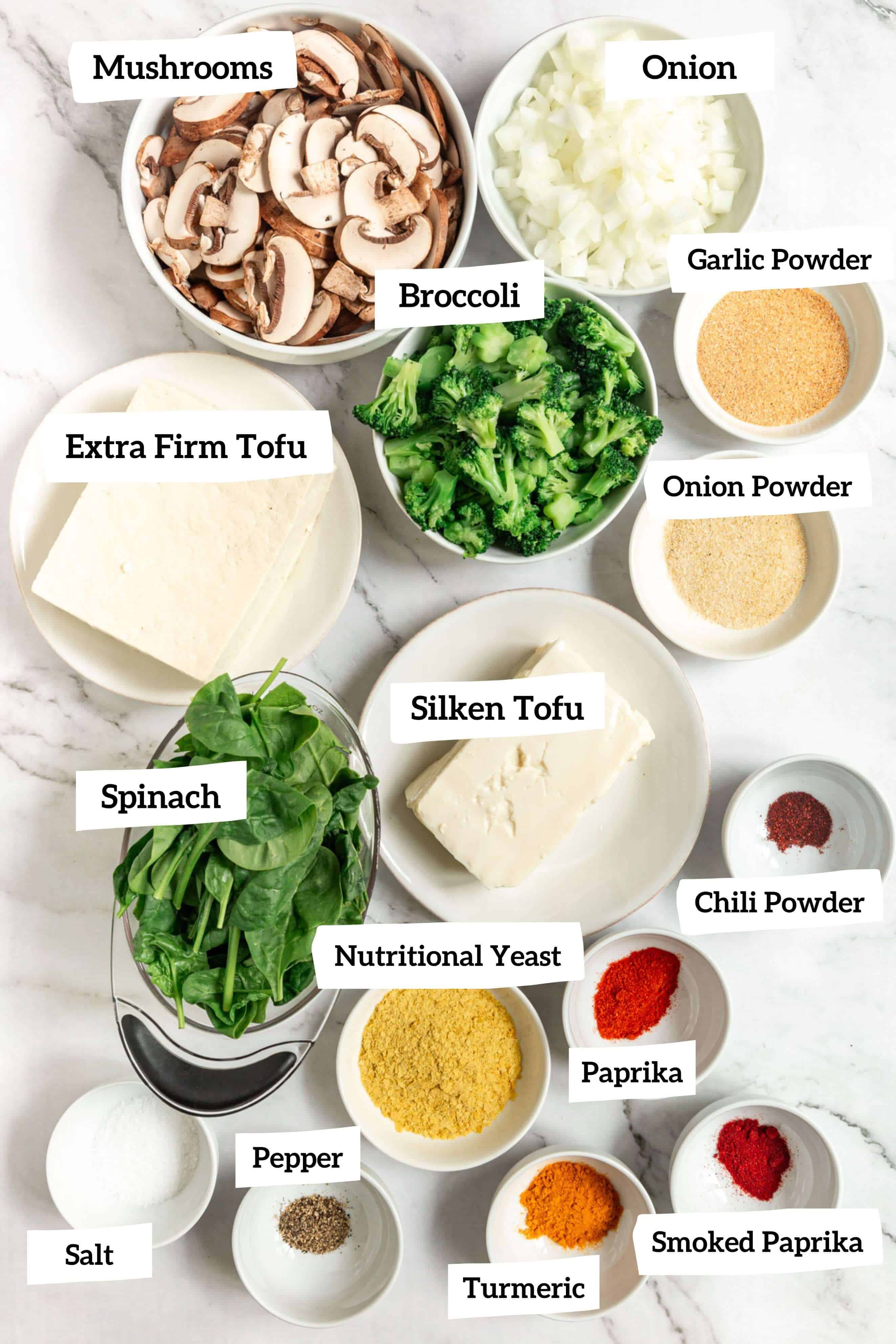 Vegan Crustless Quiche ingredients.