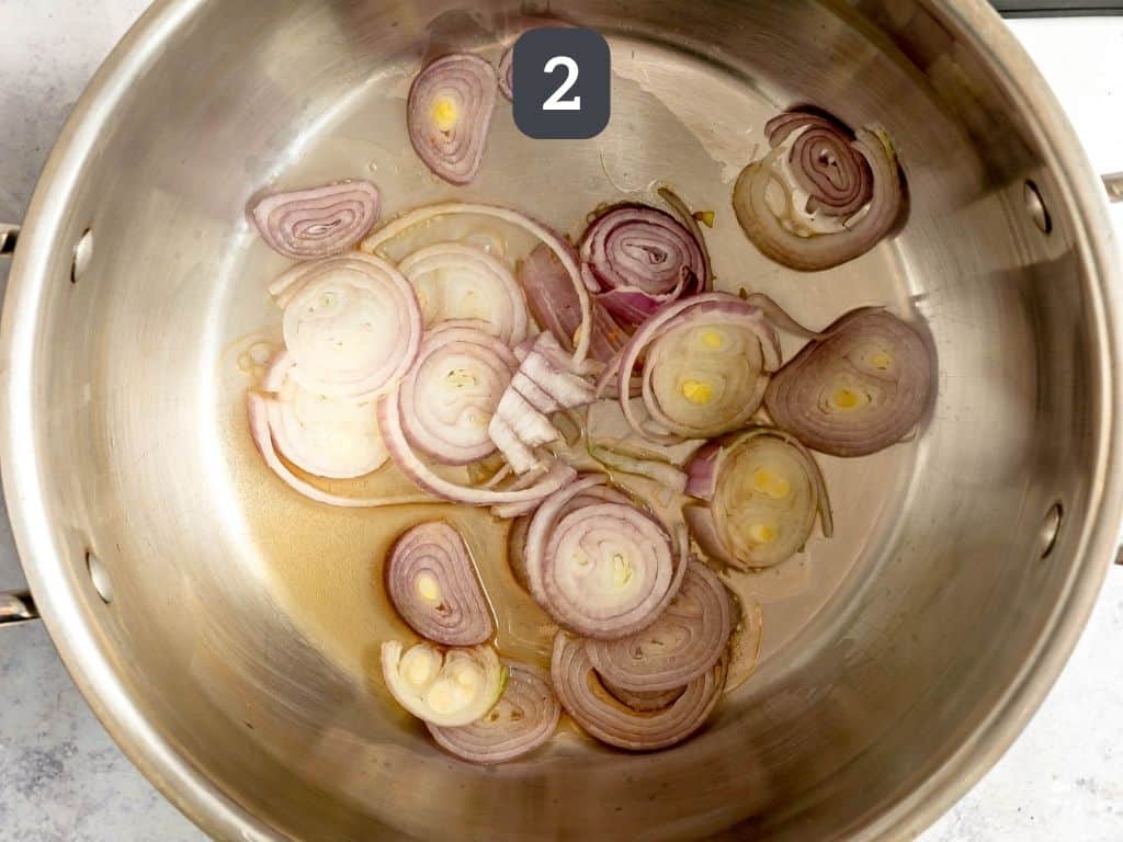 Vegan risotto step 2 - sauté the shallots.