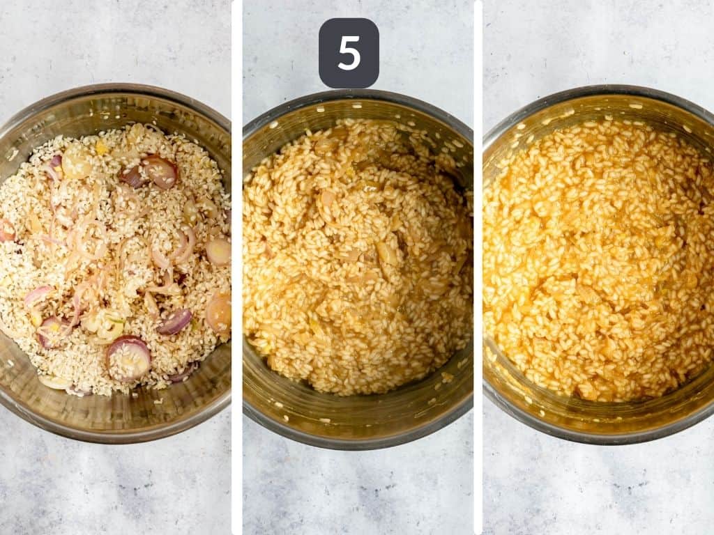 Vegan risotto step 5 - cook, adding the broth.