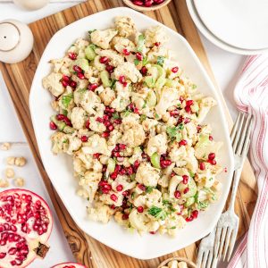 A platter of vegan roasted cauliflower salad.