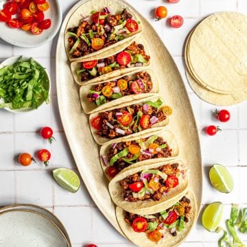 A large platter of tempeh tacos.