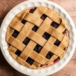 Un-baked blackberry pie, with lattice made of WFPB pie crust.