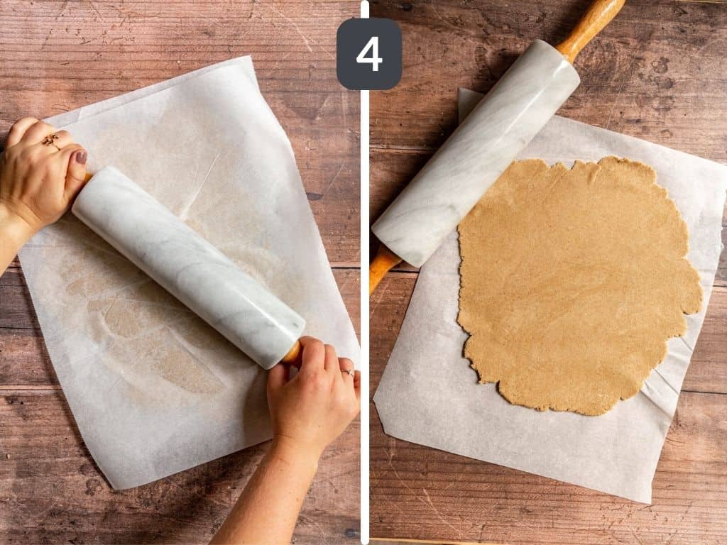 WFPB Pie crust step 4 - roll out using parchment paper.