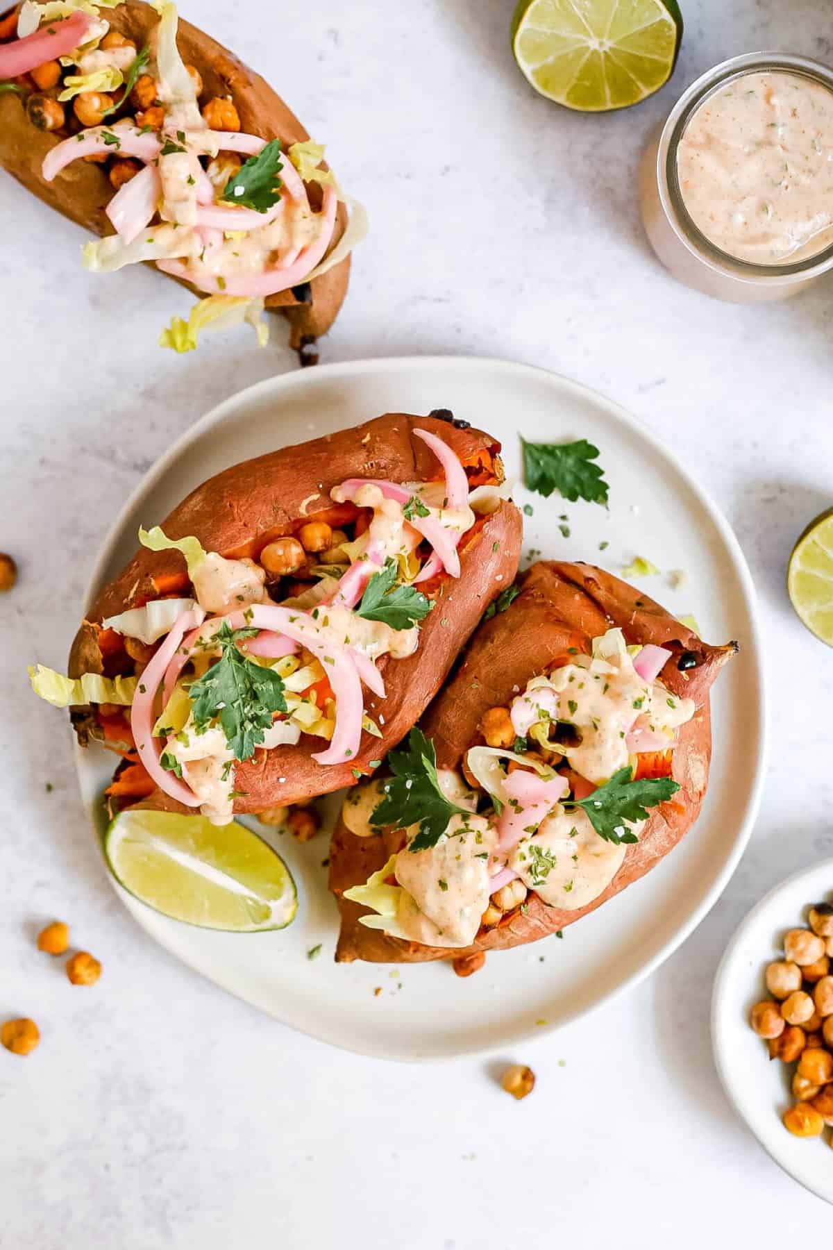 Crispy Chickpea Stuffed Sweet Potatoes