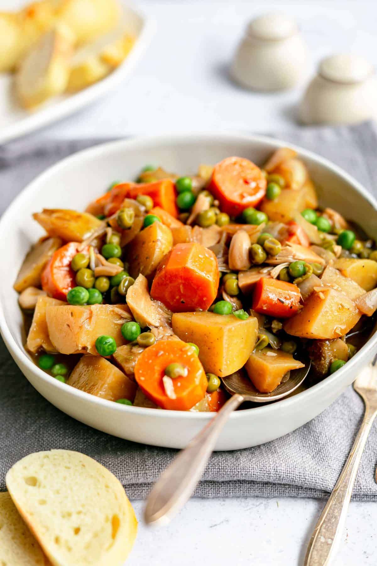 Easy Vegan Beef Stew with Potatoes and Peas