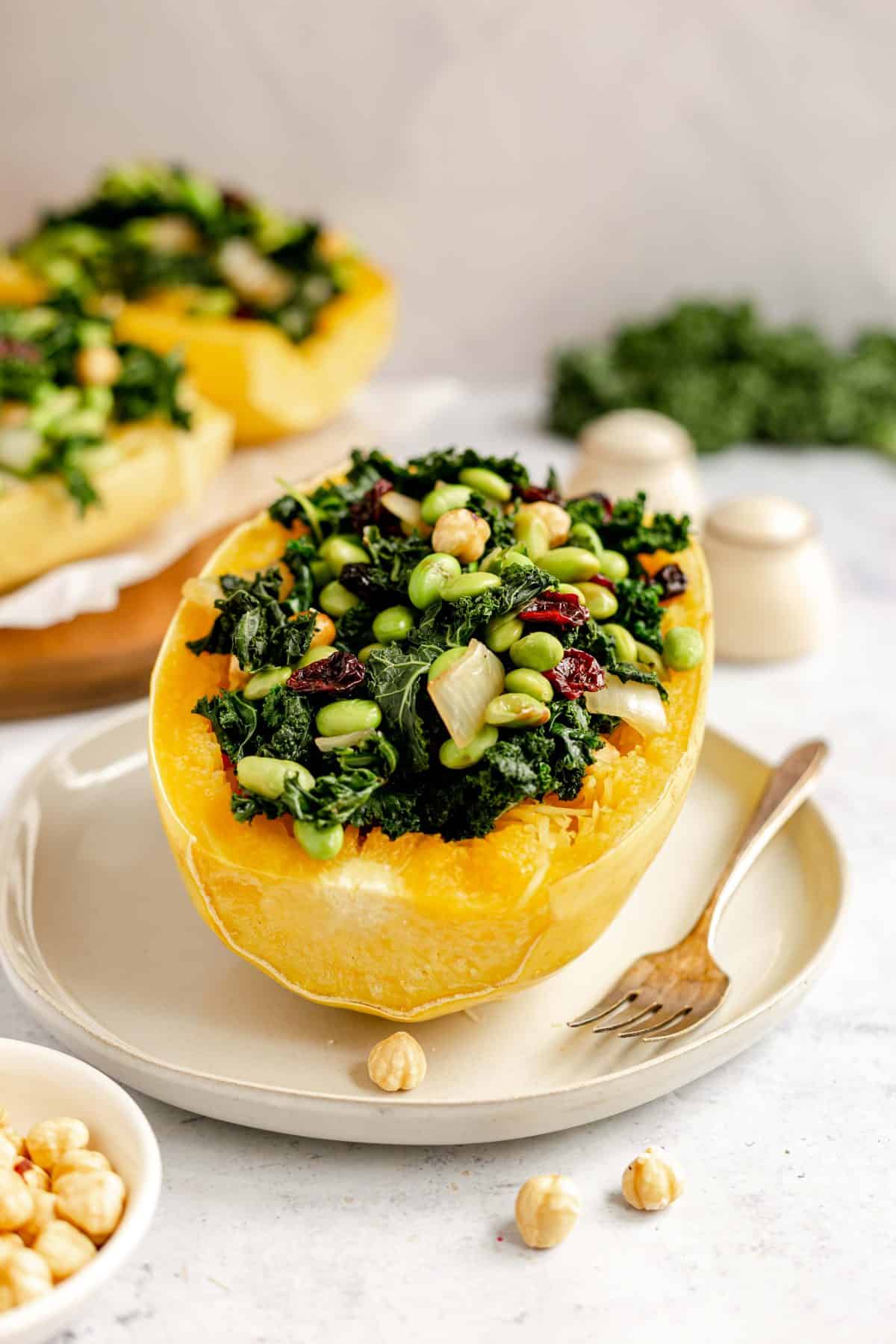 Edamame Kale Stuffed Spaghetti Squash