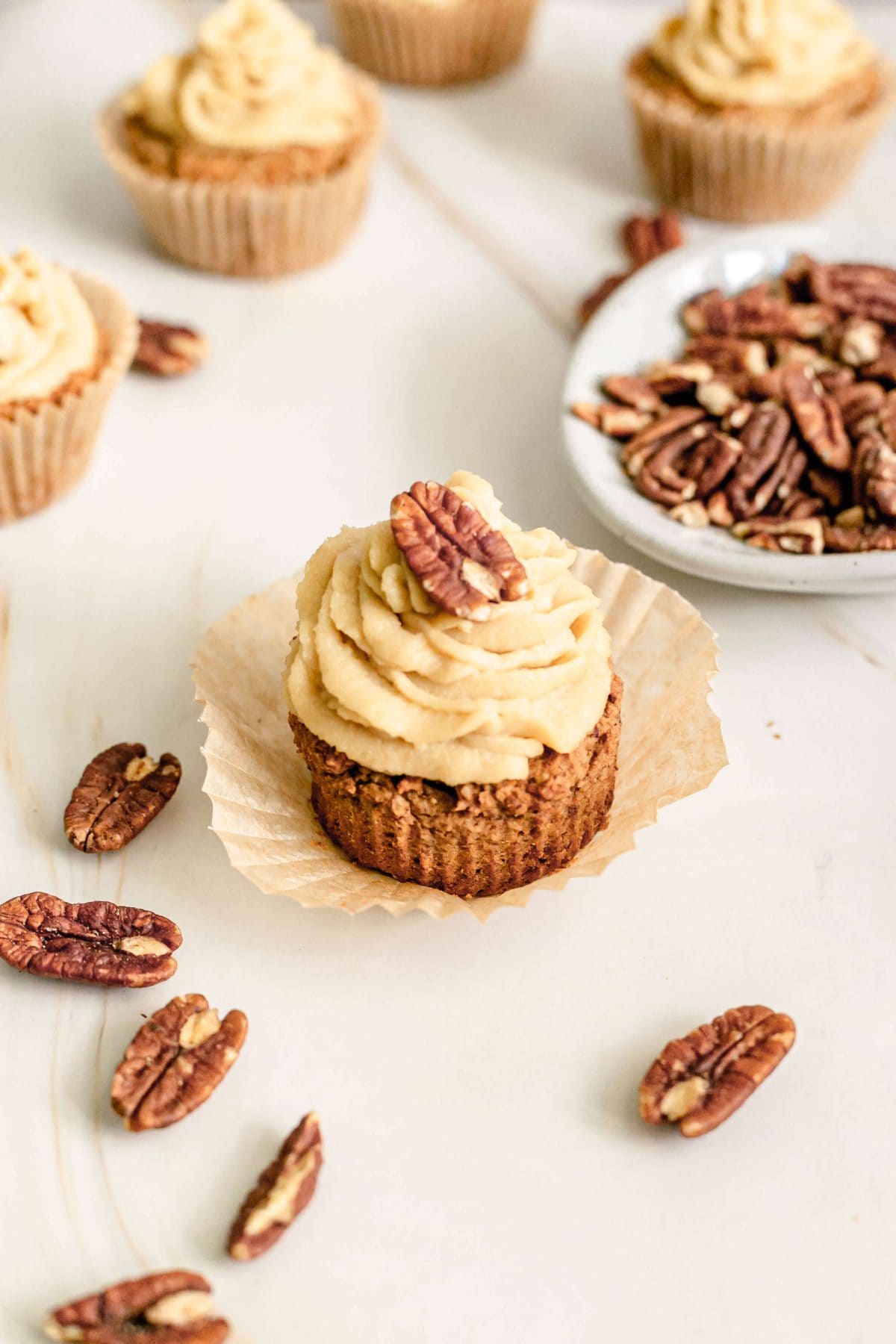 Plant-Based Maple Pecan Cupcakes with Oil-Free Maple Frosting