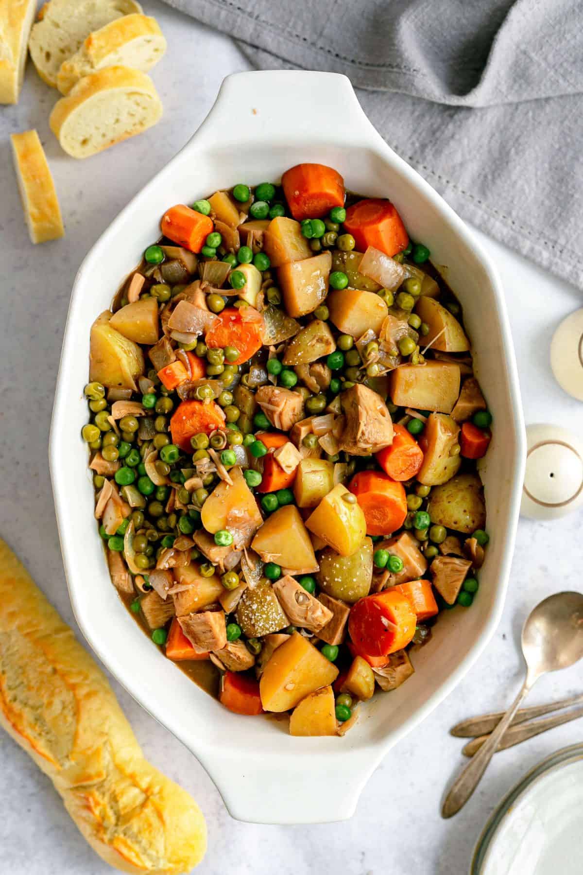 Easy Vegan Beef Stew with Potatoes and Peas