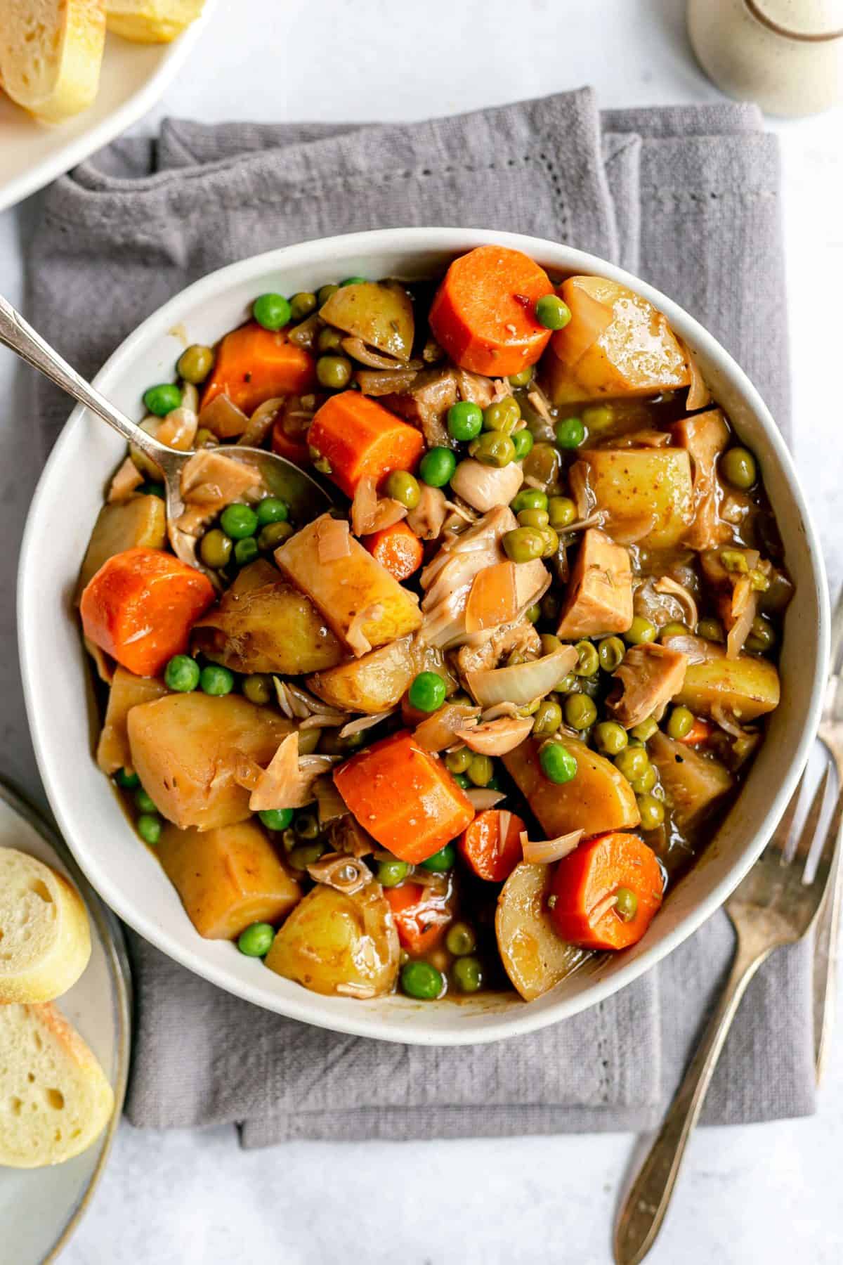 Easy Vegan Beef Stew with Potatoes and Peas