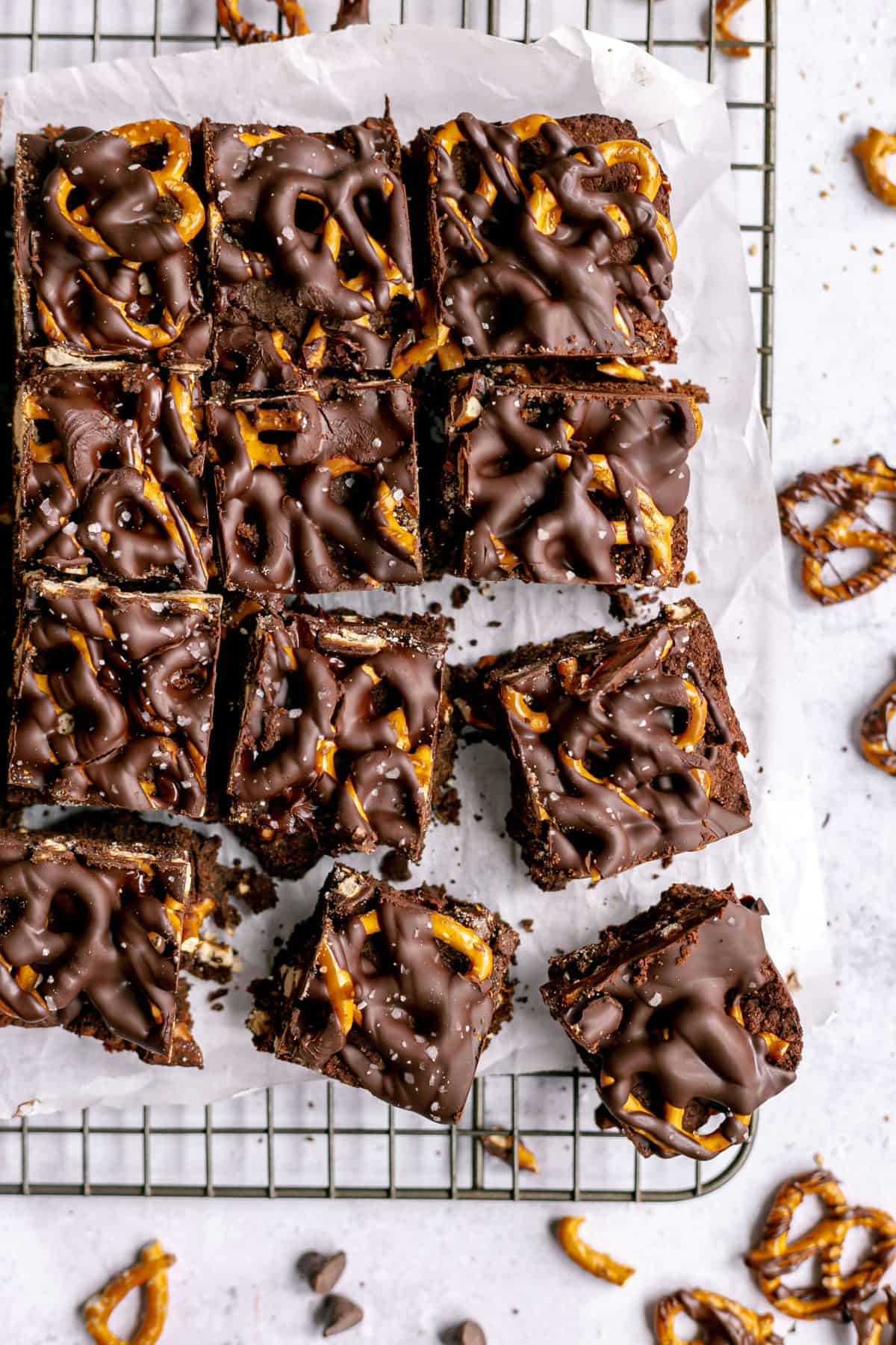 Vegan Chocolate Covered Pretzel Brownies