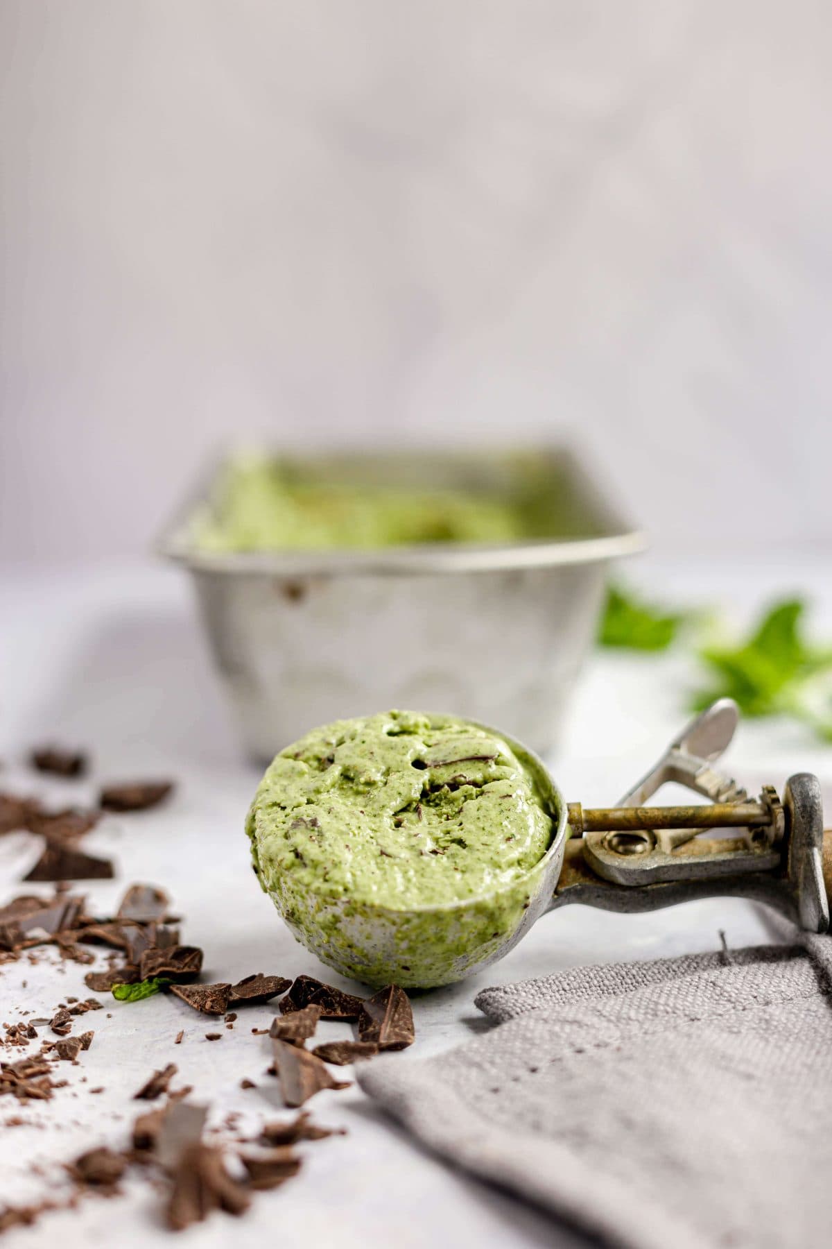 No Churn Vegan Mint Chocolate Chip Ice Cream in a scoop