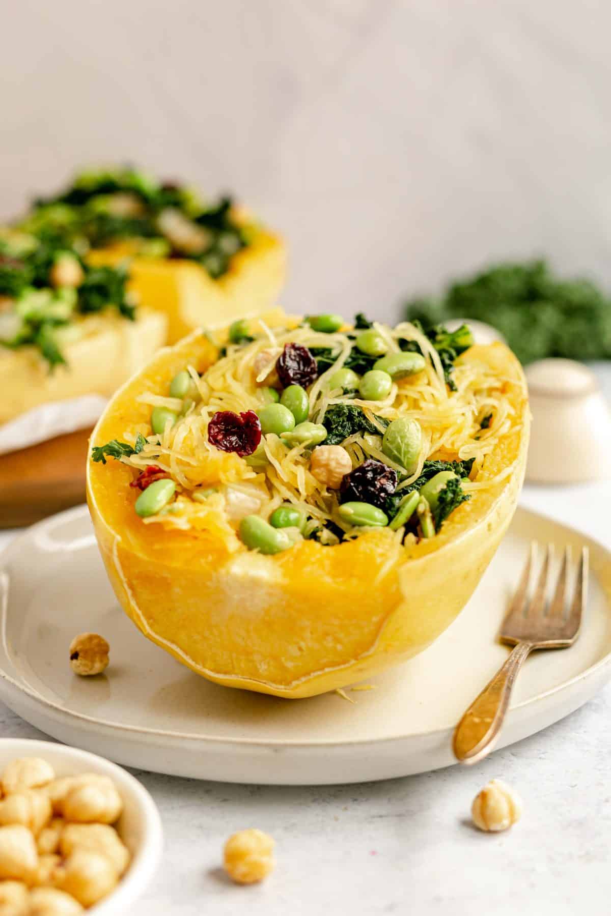 Edamame Kale Stuffed Spaghetti Squash