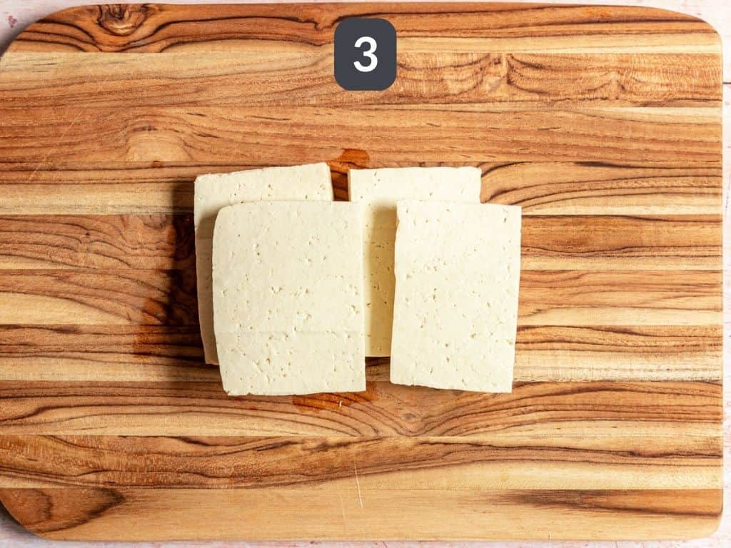 Lemon Pepper Tofu Step 3 - slice the tofu.